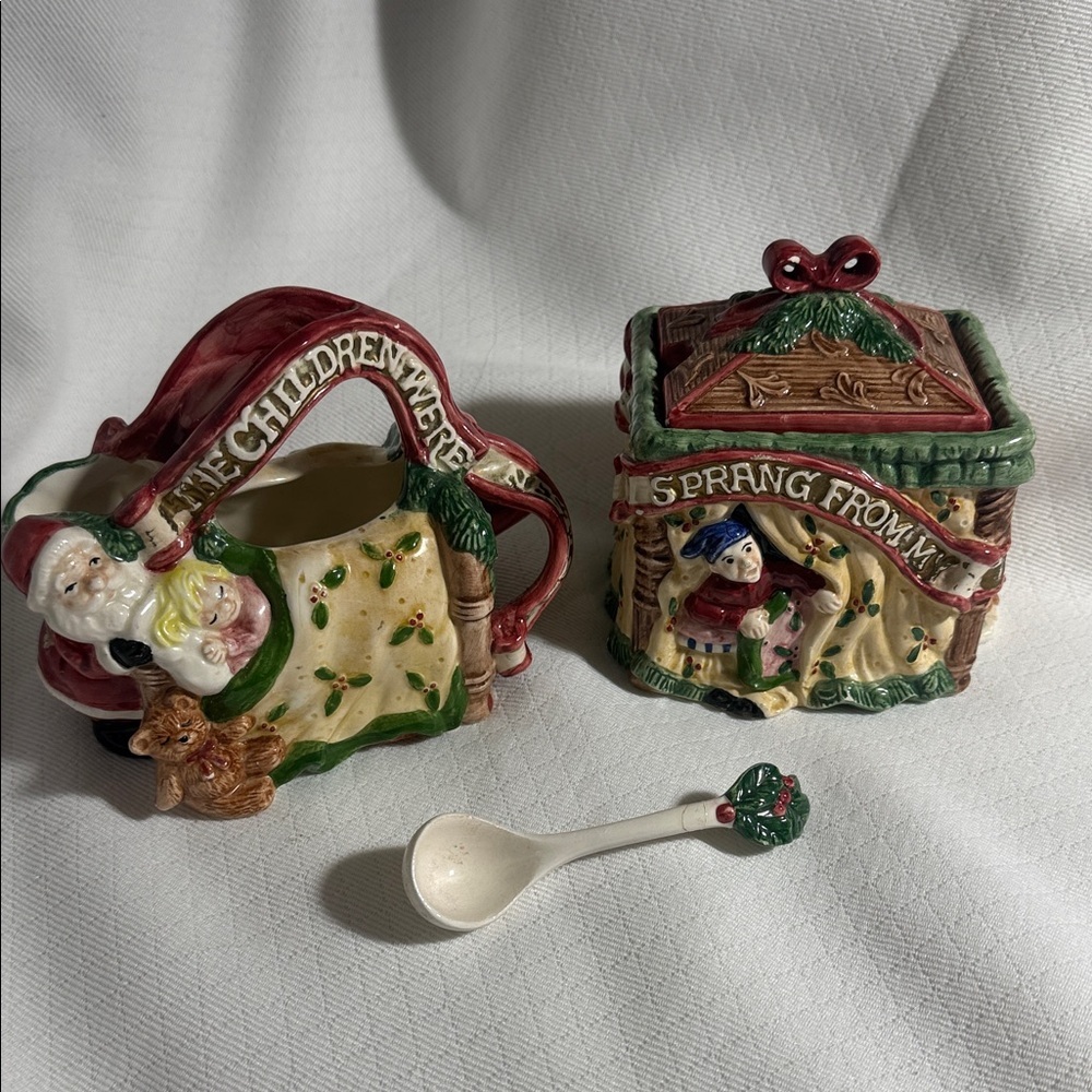 Fitz & Floyd Night Before Christmas Cream & Sugar Set 42410 w spoon Vintage 1993